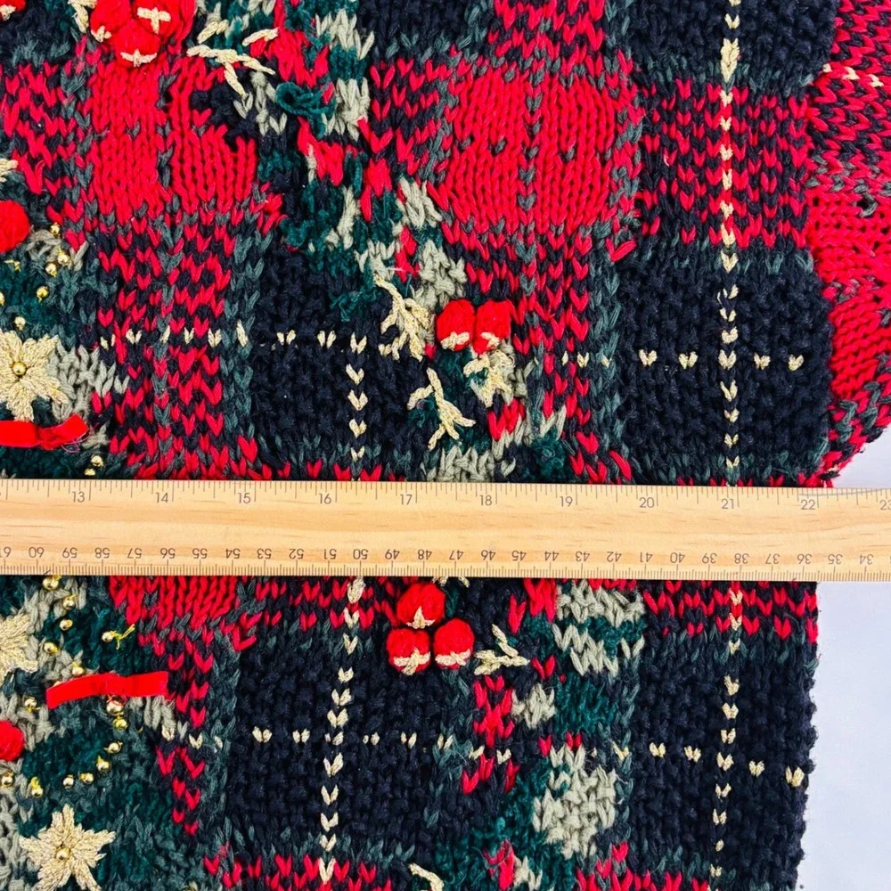Vtg Handknit Metropolitan Red Plaid Christmas Tree Embellished Sweater Dress L